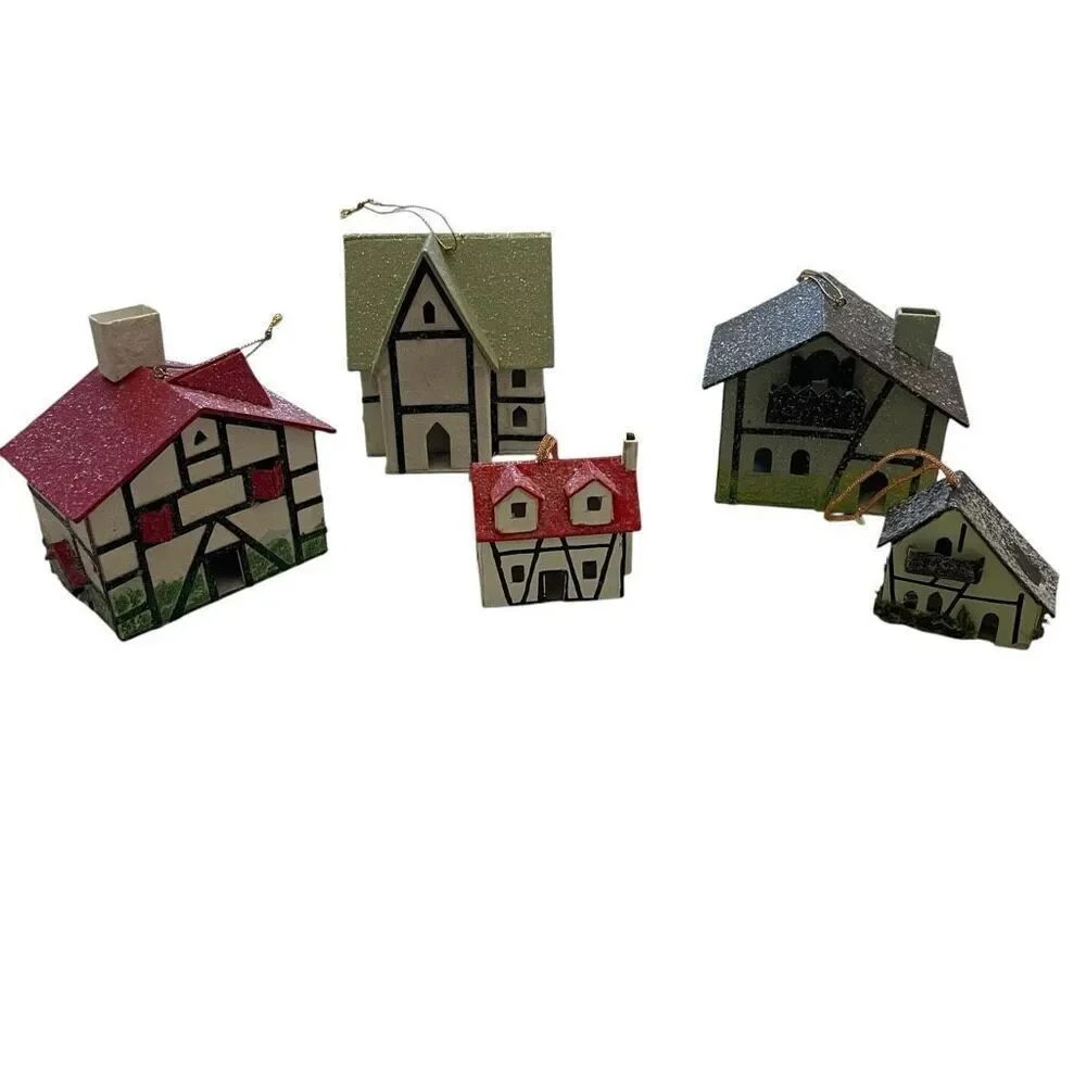 Martha Stewart Vintage Putz Paper House Ornament Decor Lot Set Glitter Cottage